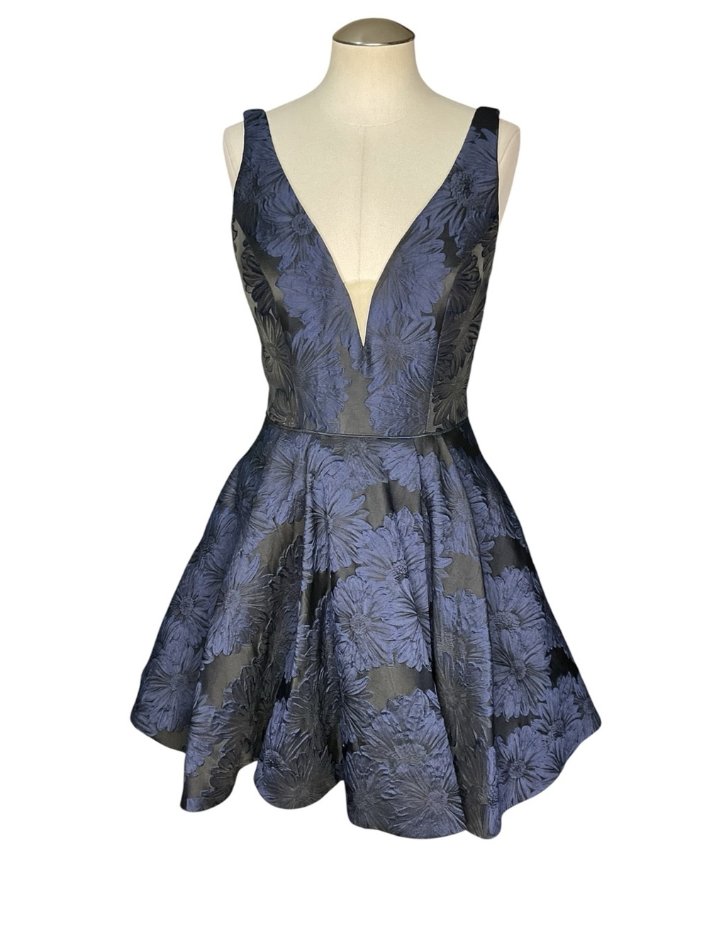 Sherri Hill Navy Blue Floral Jacquard Fit & Flare Cocktail Dress Size 6 - Picture 2 of 7